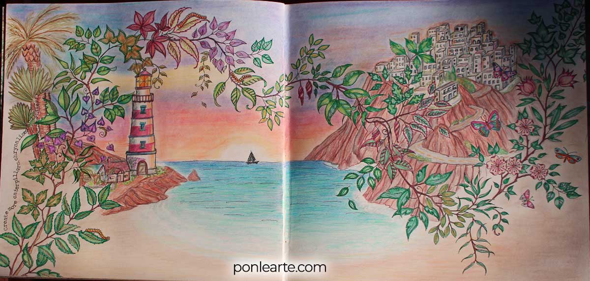 Atardecer en la playa. Secret Garden. Colorear. Clara Ortega. Ponle arte.