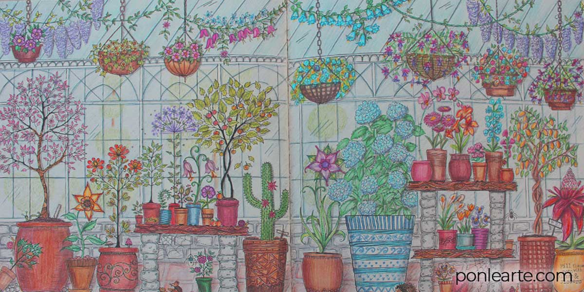 Interior invernadero. Secret Garden. Colorear. Clara Ortega. Ponle arte.