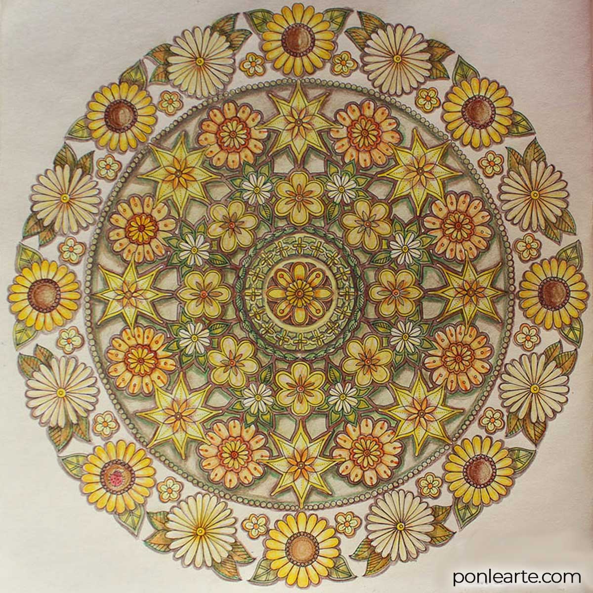 Mandala amarillo. Secret Garden. Colorear. Clara Ortega. Ponle arte.