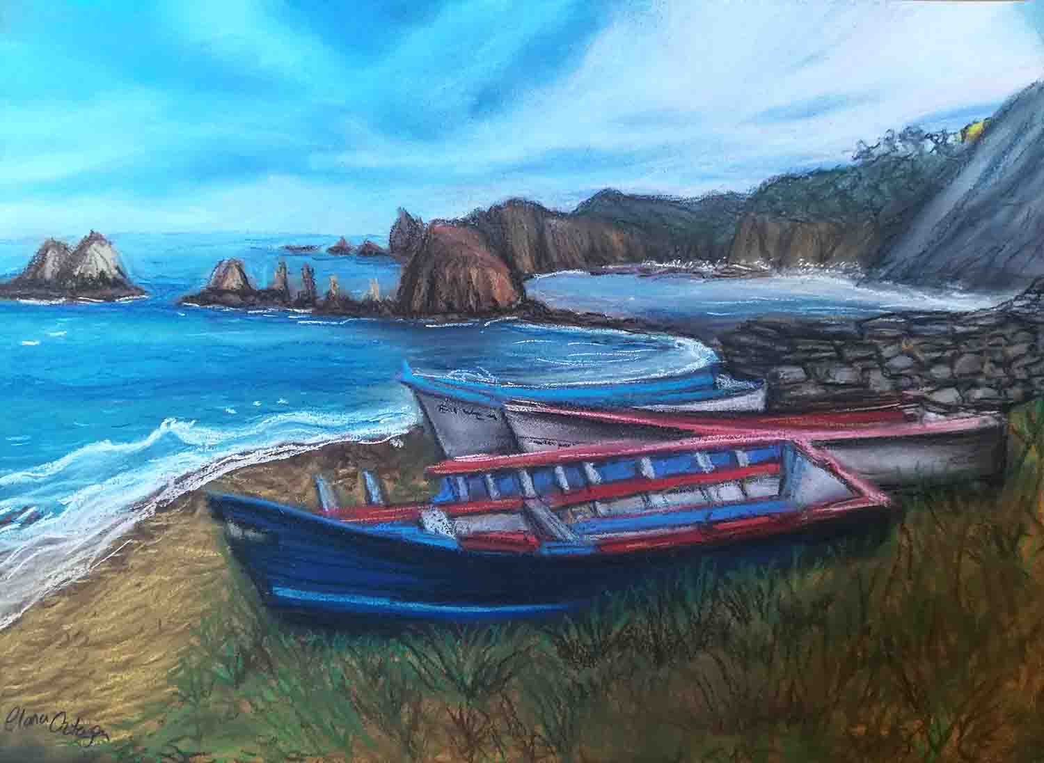 Barcas en la playa en pintura pastel